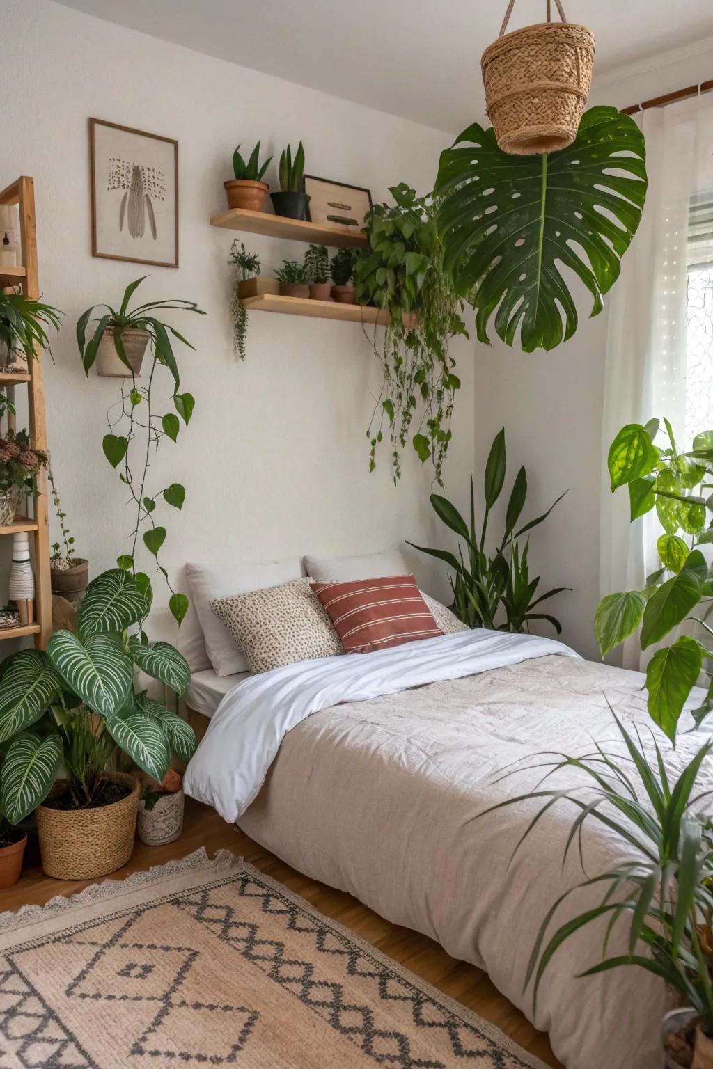 A bedroom featuring indoor plants for a refreshing touch of nature.