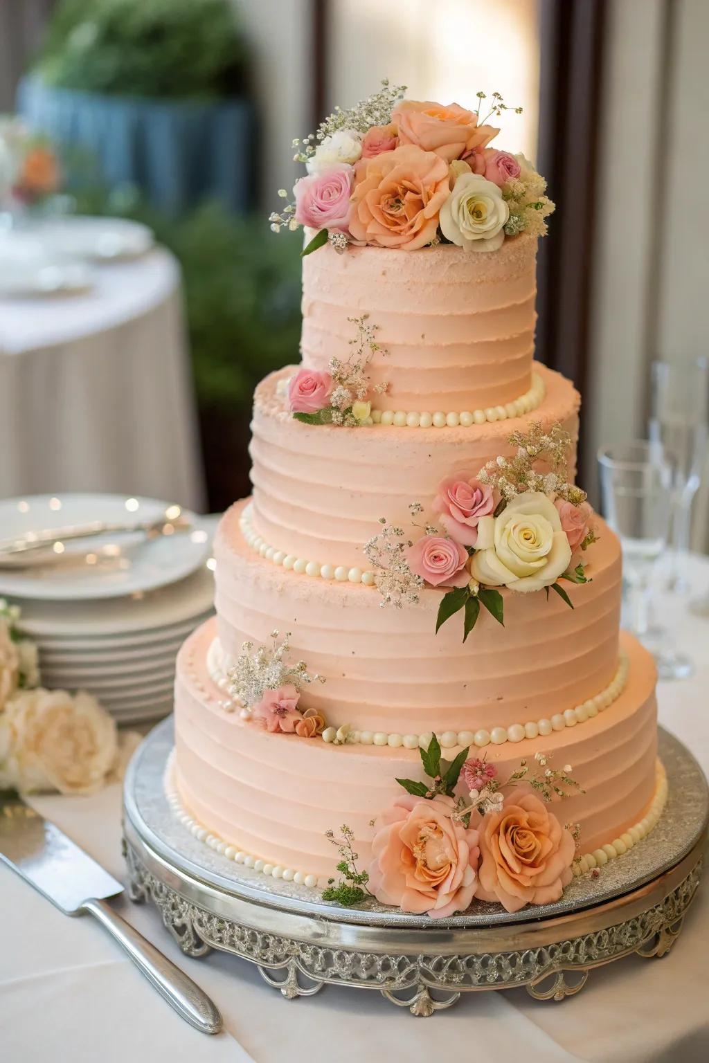 An exceptional wedding dessert shaded in peach that excites both the eyes and palate.
