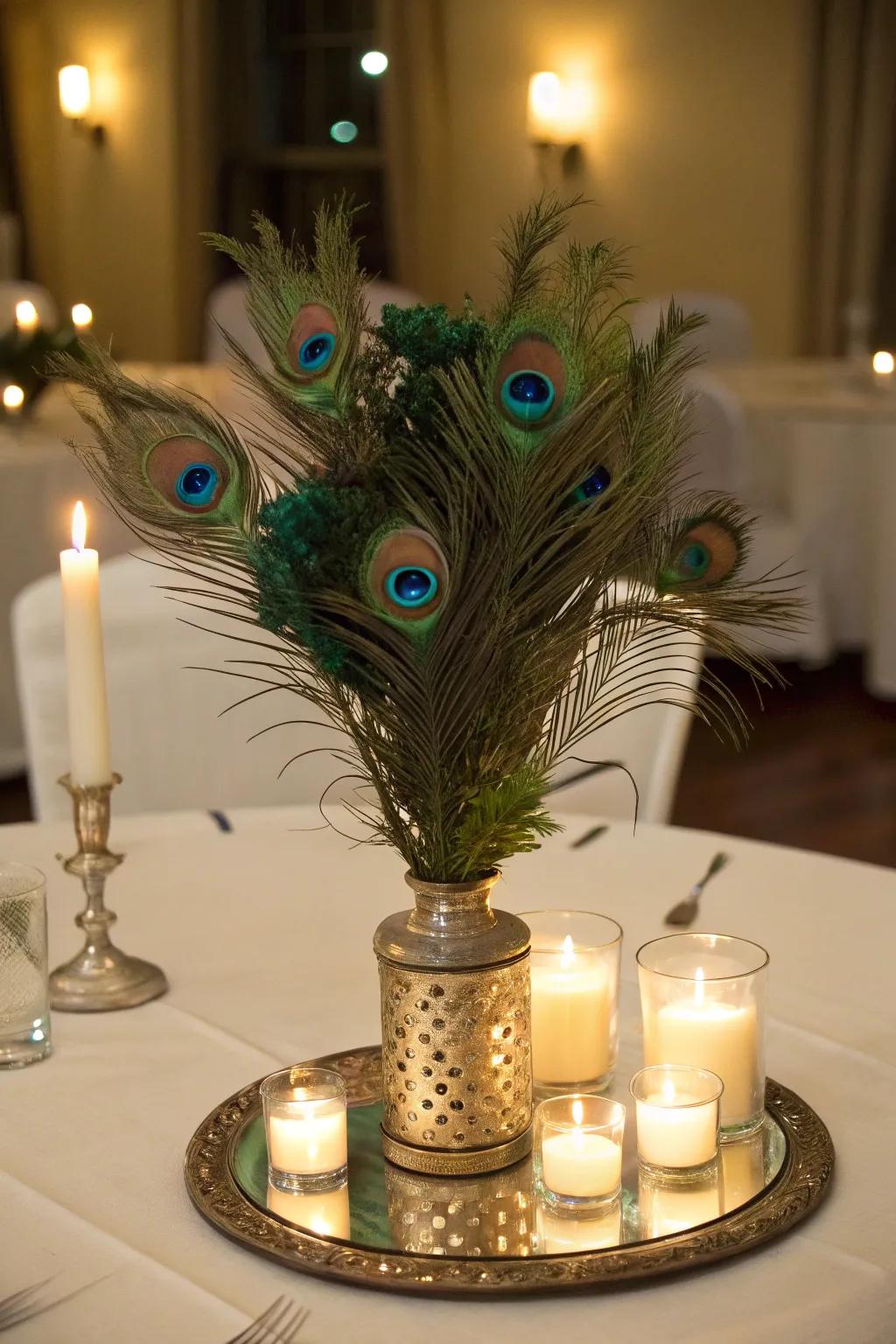 A mirroring centerpiece magnifying the allure of pheasant plumes.