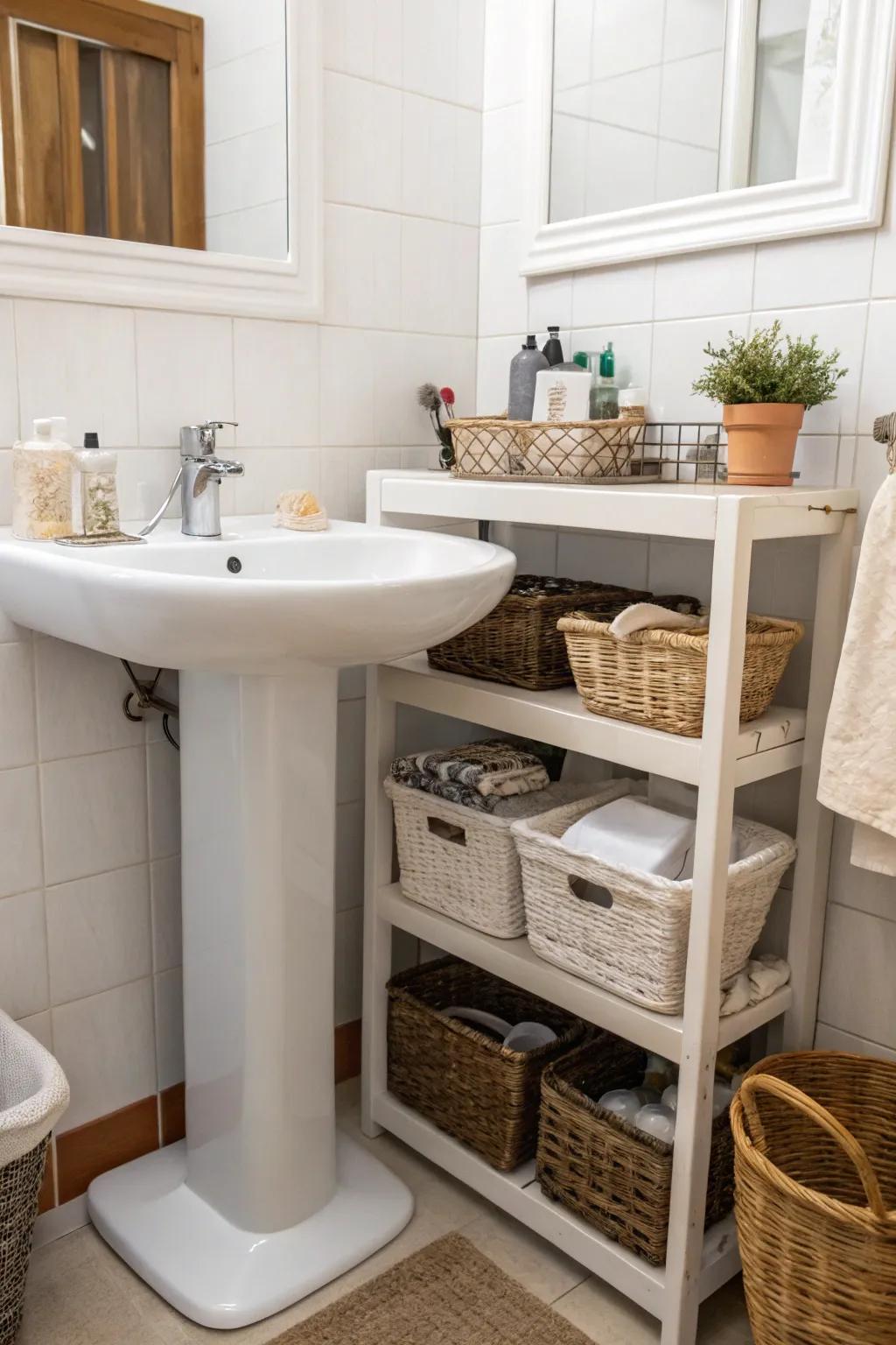 Baskets and bins add charm and organization.