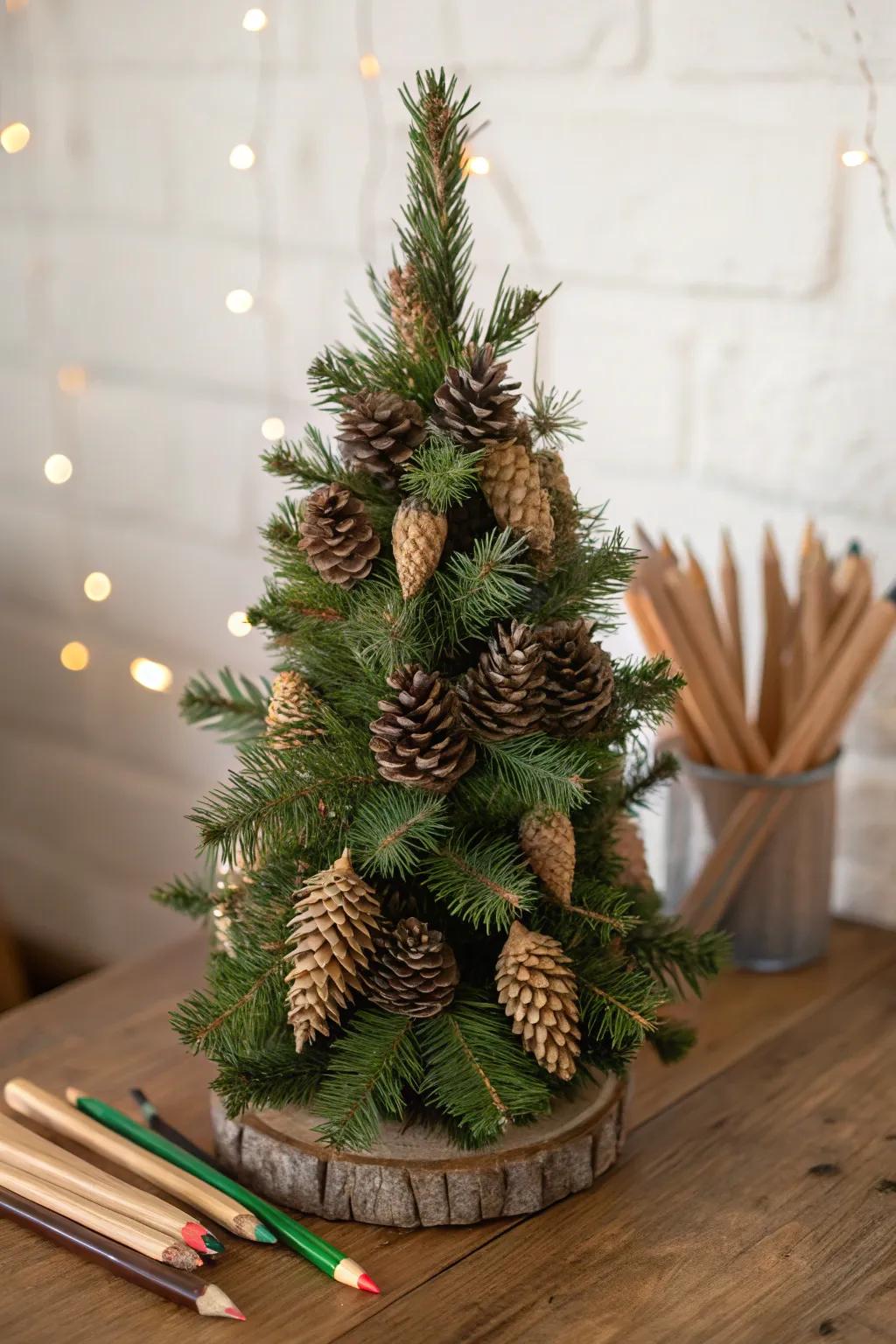 Nature-inspired slender Christmas tree with pinecones and sprigs.