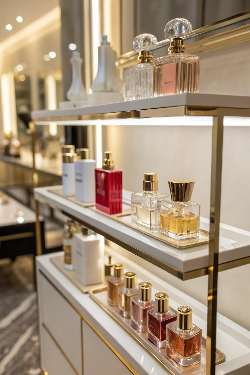 Graduated shelves encourage an organized and aesthetically pleasing presentation.