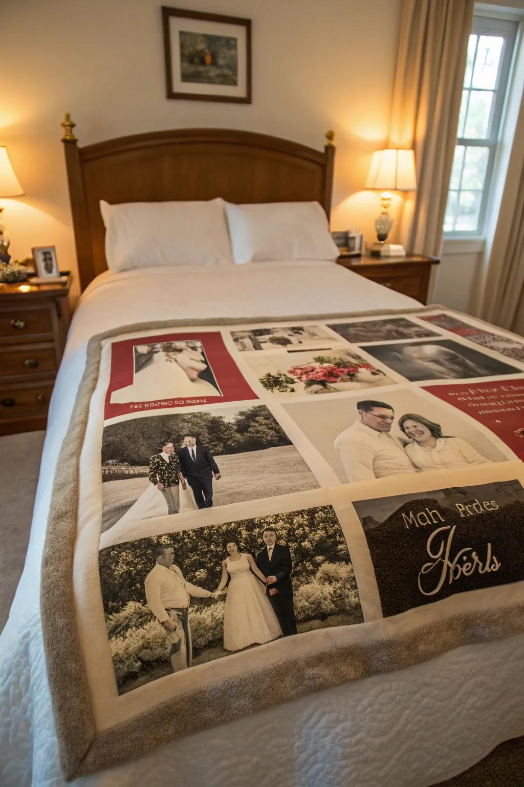 An anniversary-themed blanket with a mix of vintage and recent photos, perfect for celebrating milestones.
