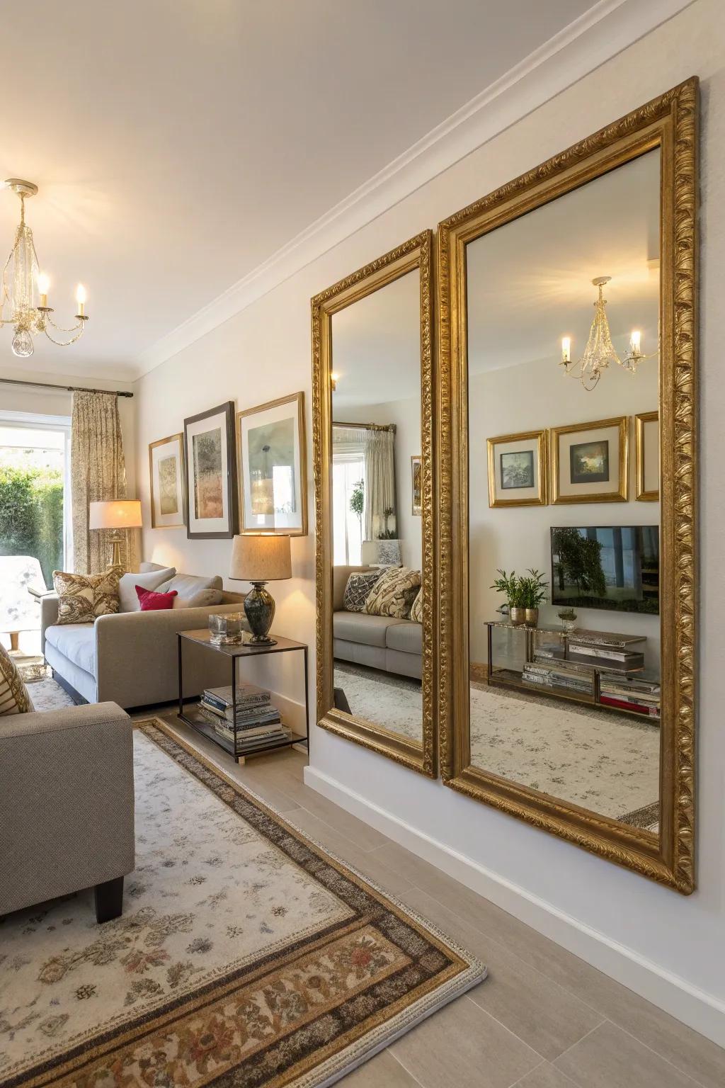 Mirrors featured with picture frames to enhance space and light.