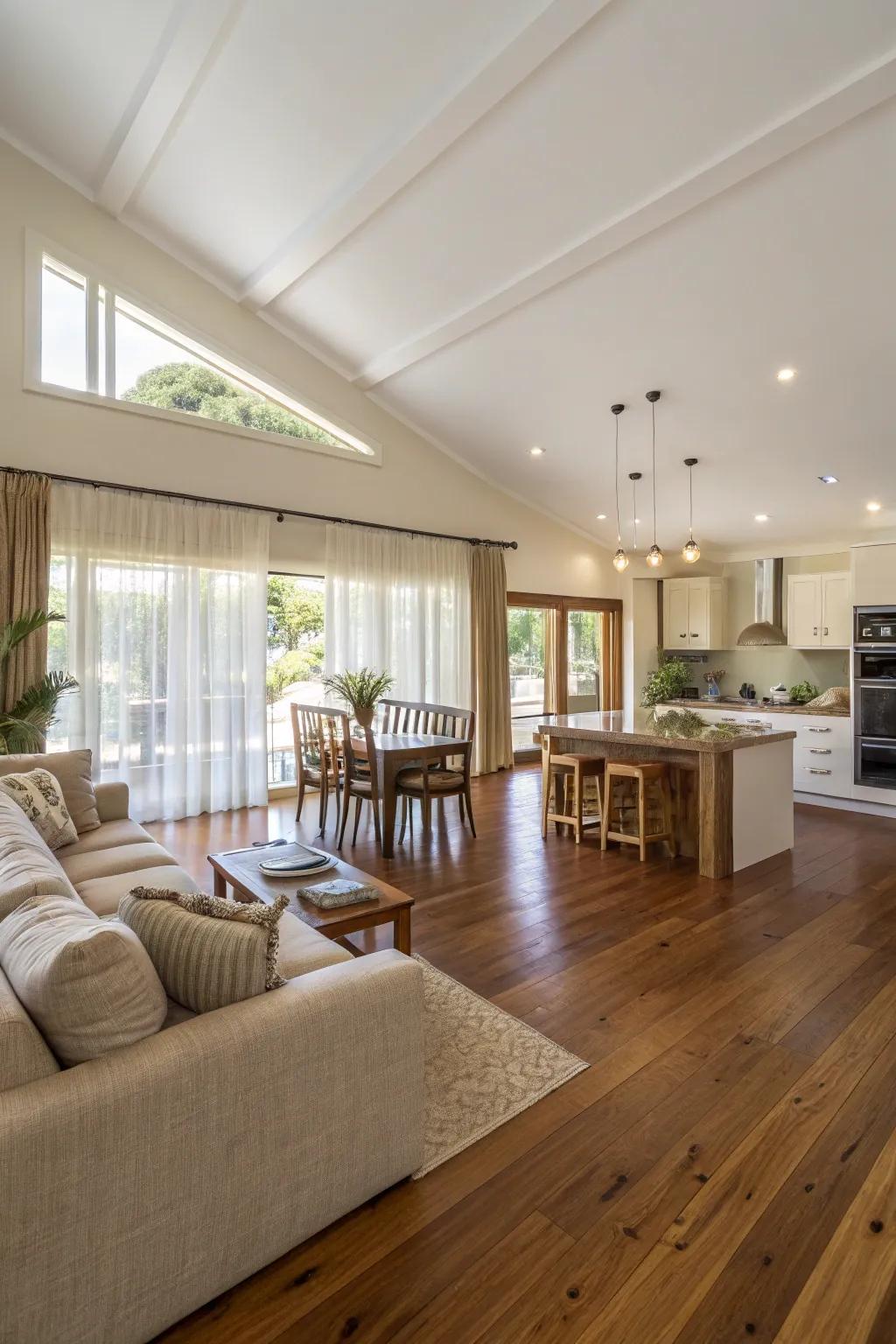 Consistent floor covering boosts the flow in open-plan spaces.