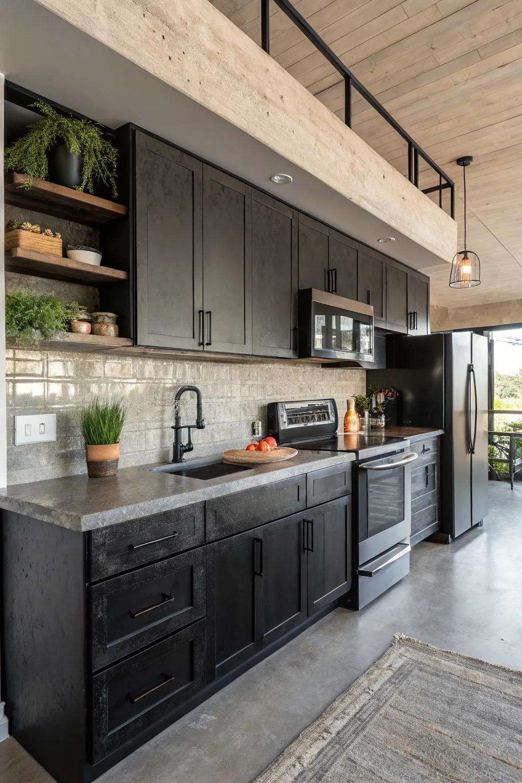 Concrete and charcoal appliances create an urban yet modern kitchen.