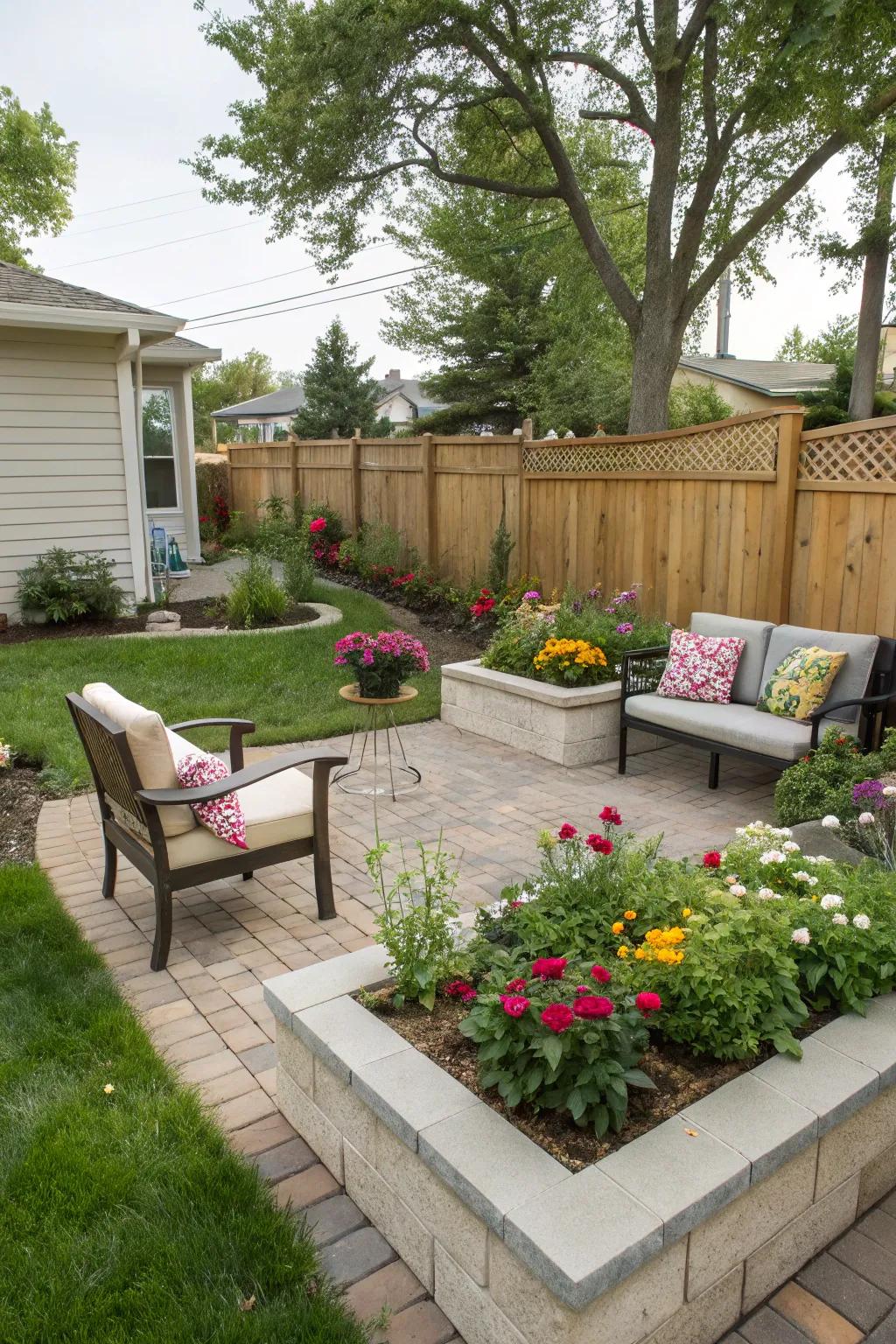 Use corners well with versatile L-shaped raised flower beds.