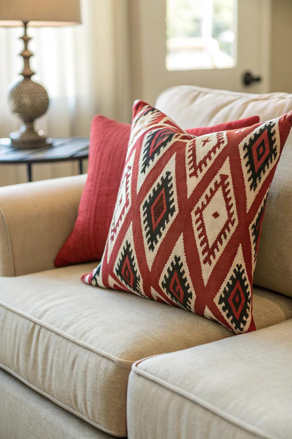 A striking statement cushion serving as a central point within the room.