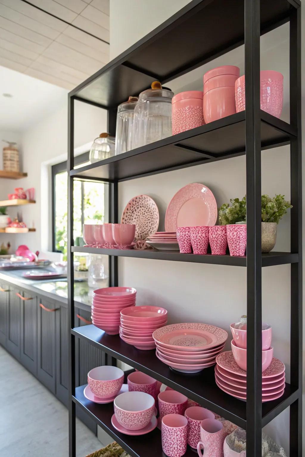 Exposed shelving presents a useful yet elegant method to display your rose-themed kitchenware.