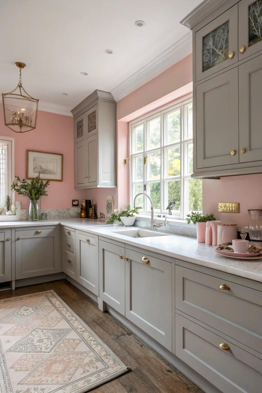 Soft rose walls paired beautifully with sophisticated silver cabinets.