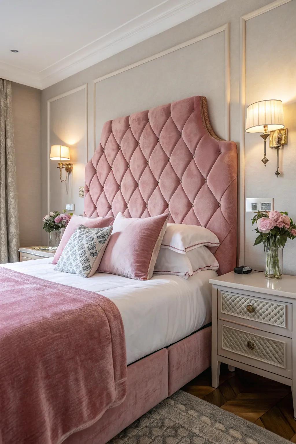 An opulent pink velvet headboard adds elegance to this sophisticated bedroom.