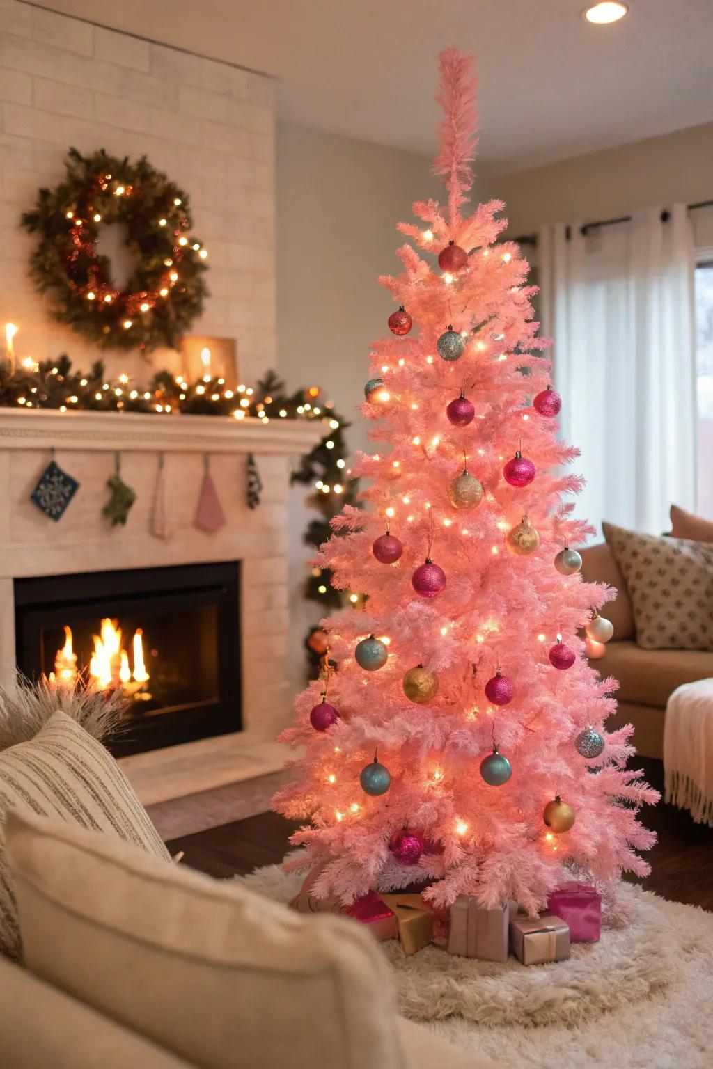 A snug location by the fireplace highlights this rose Christmas fir.