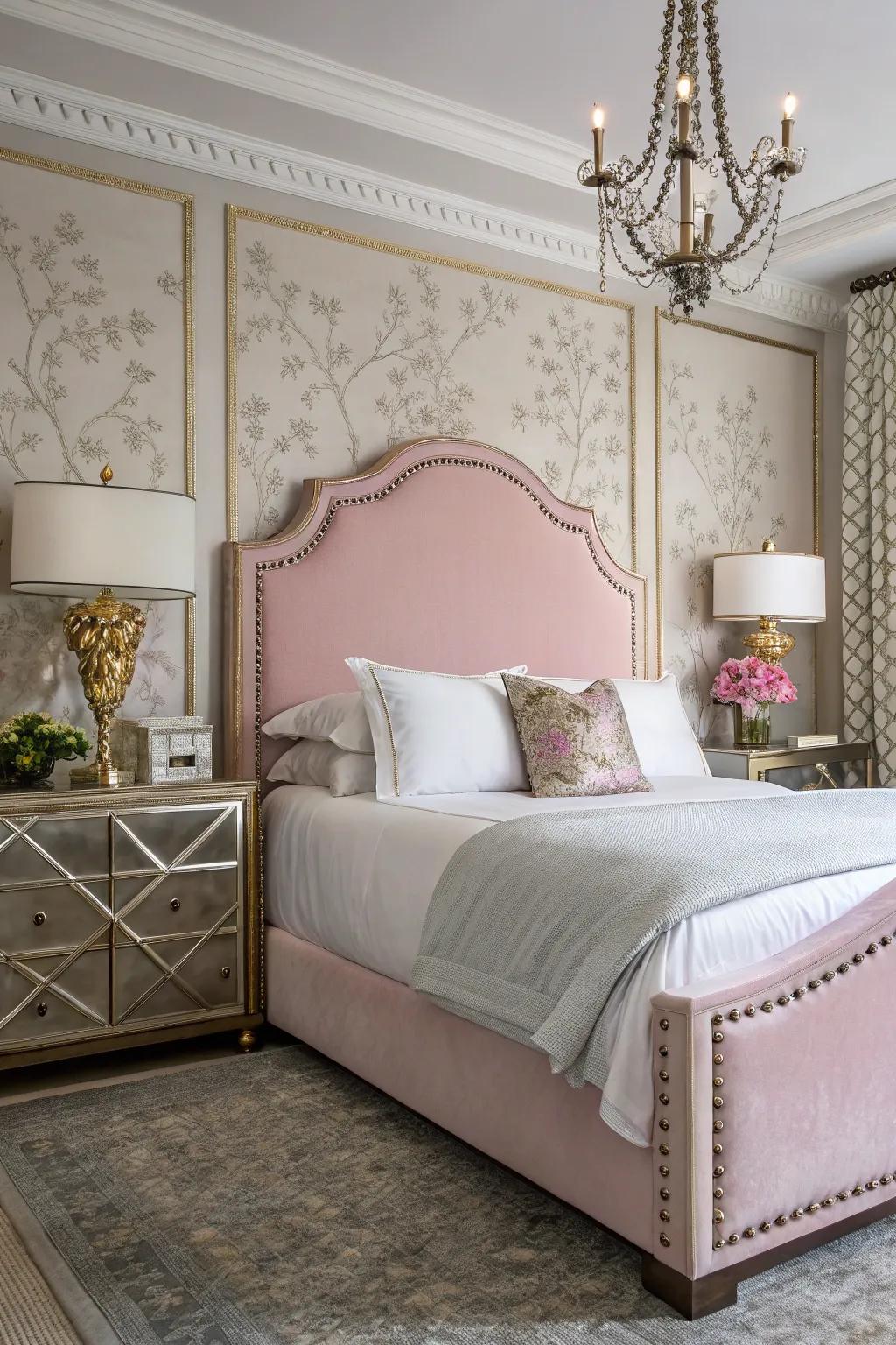 A timelessly classy bedroom boasting a pink nailhead trim headboard.