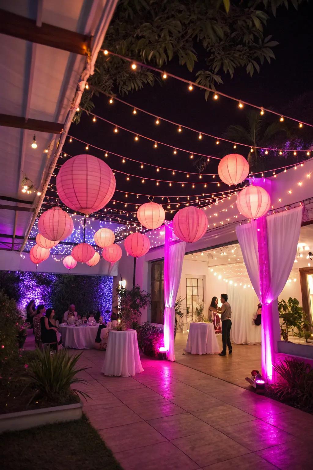 Soft roseate illumination casts a magical radiance across the festivity.