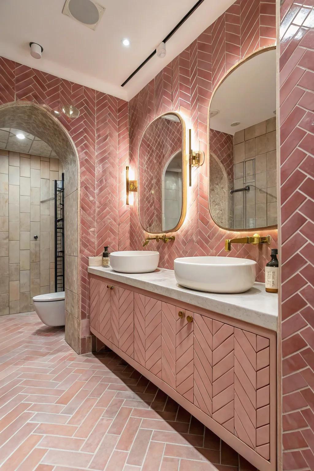 An artistic herringbone arrangement of rosy tiles in the bathroom.