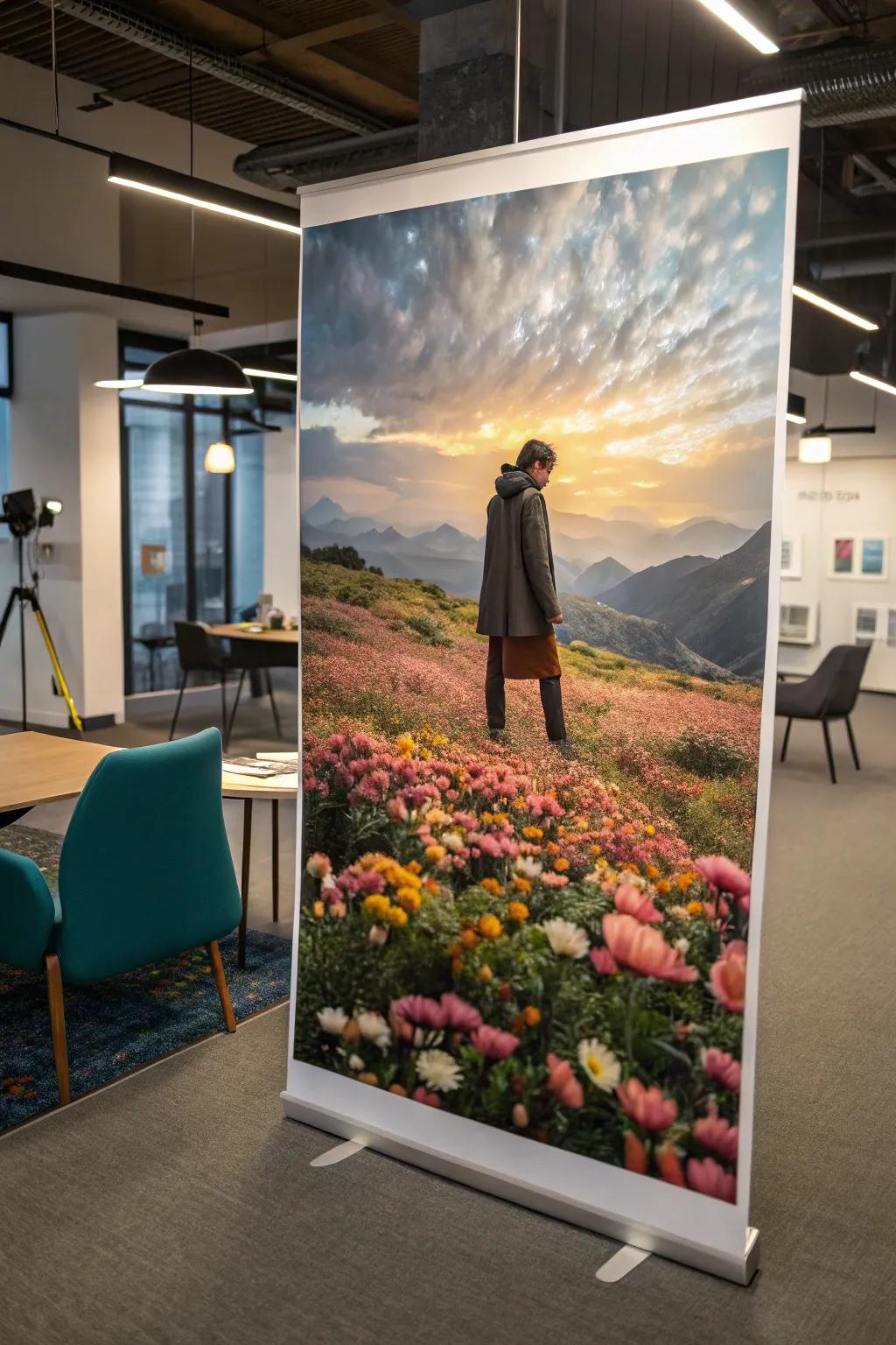A fantasy poster featuring a person mixed with flowers in a creative office.