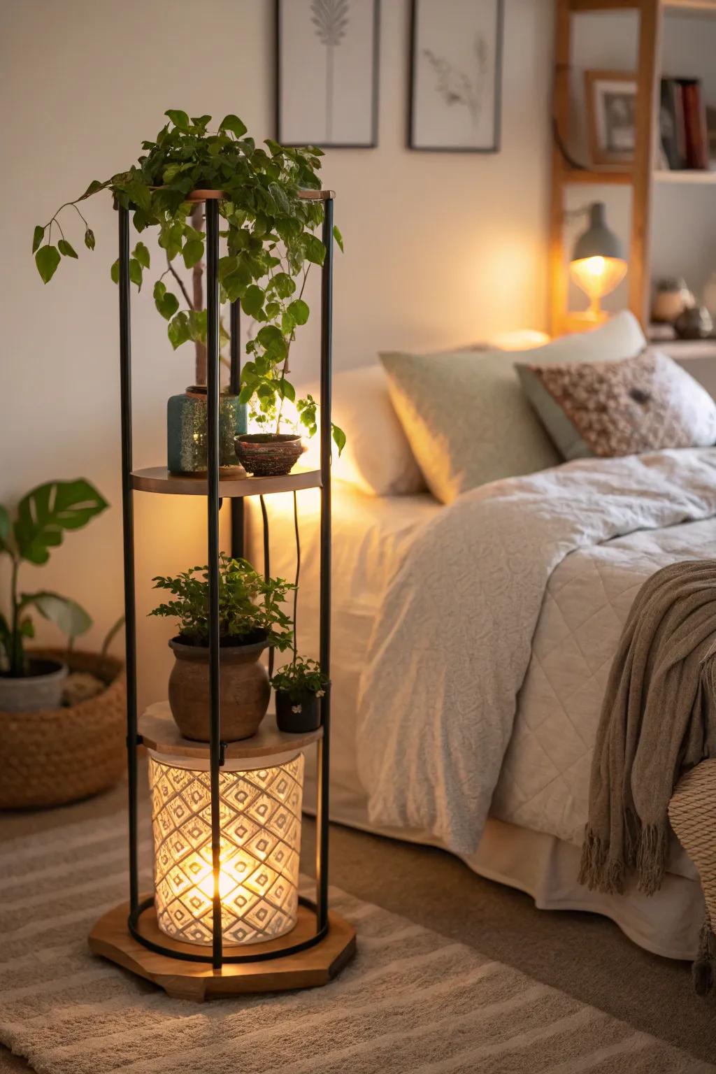 Contribute ambiance with plant stands featuring integrated lighting.