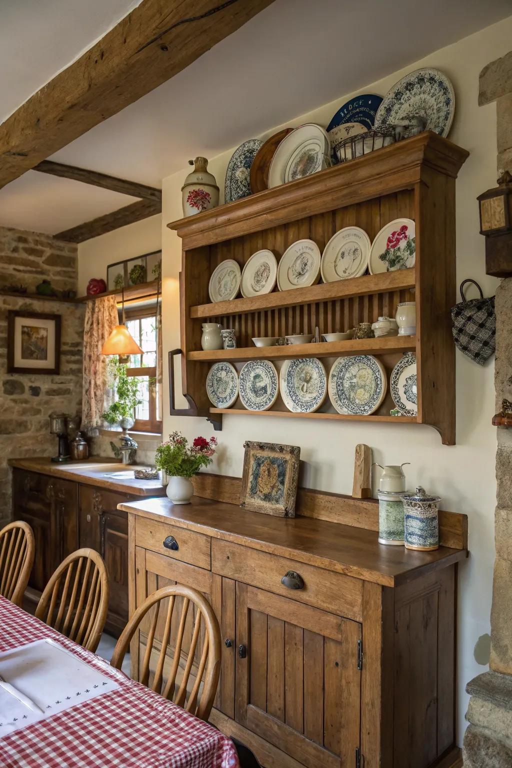 A farmhouse-style kitchen featuring an endearing timber plate rail