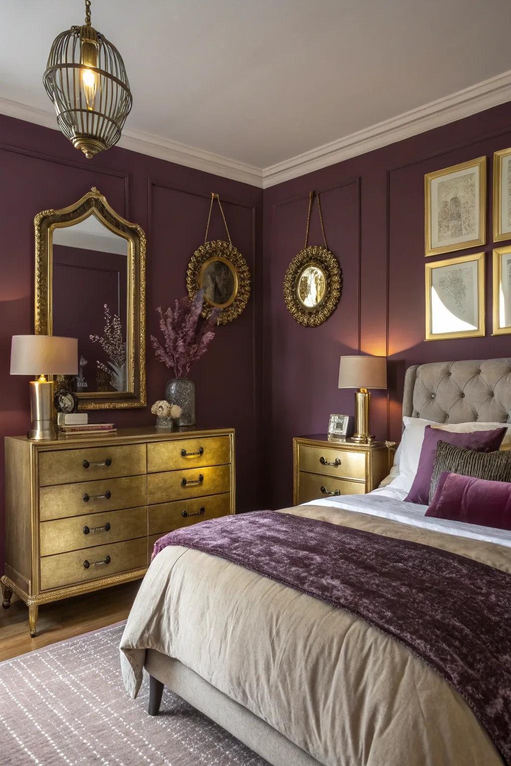Glimmering golds highlights combine wonderfully when displayed beside plum themes.