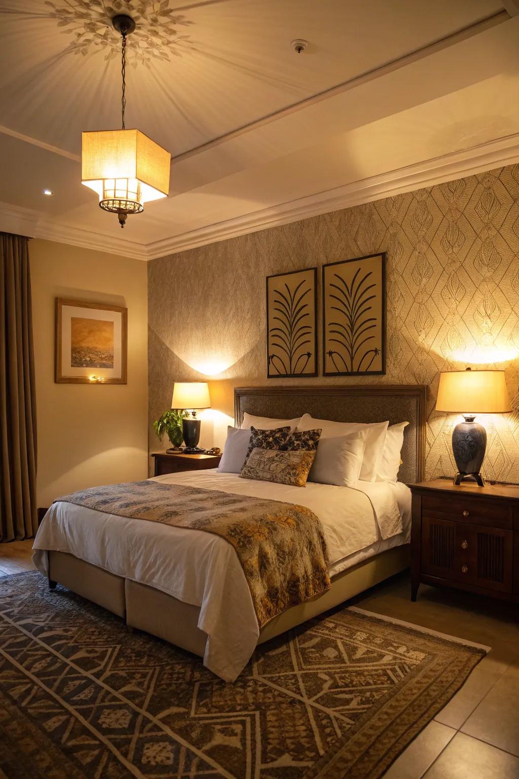 Gentle illumination heightens the warmth of a plush bedroom.