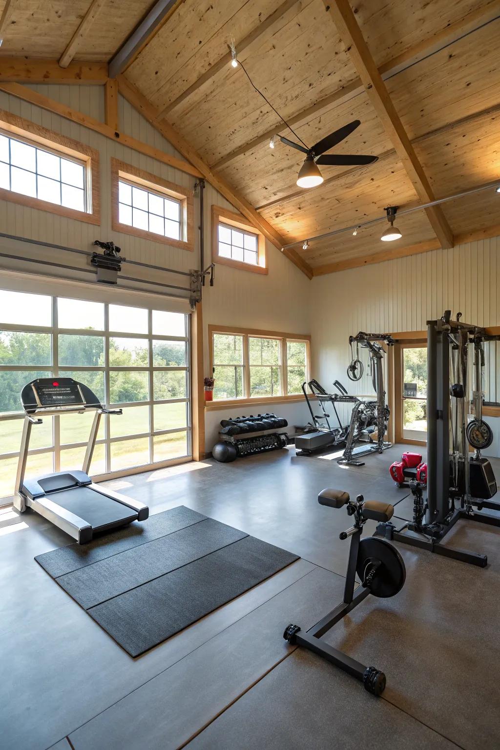 A private exercise room inside a pole barn featuring workout equipment and natural illumination.