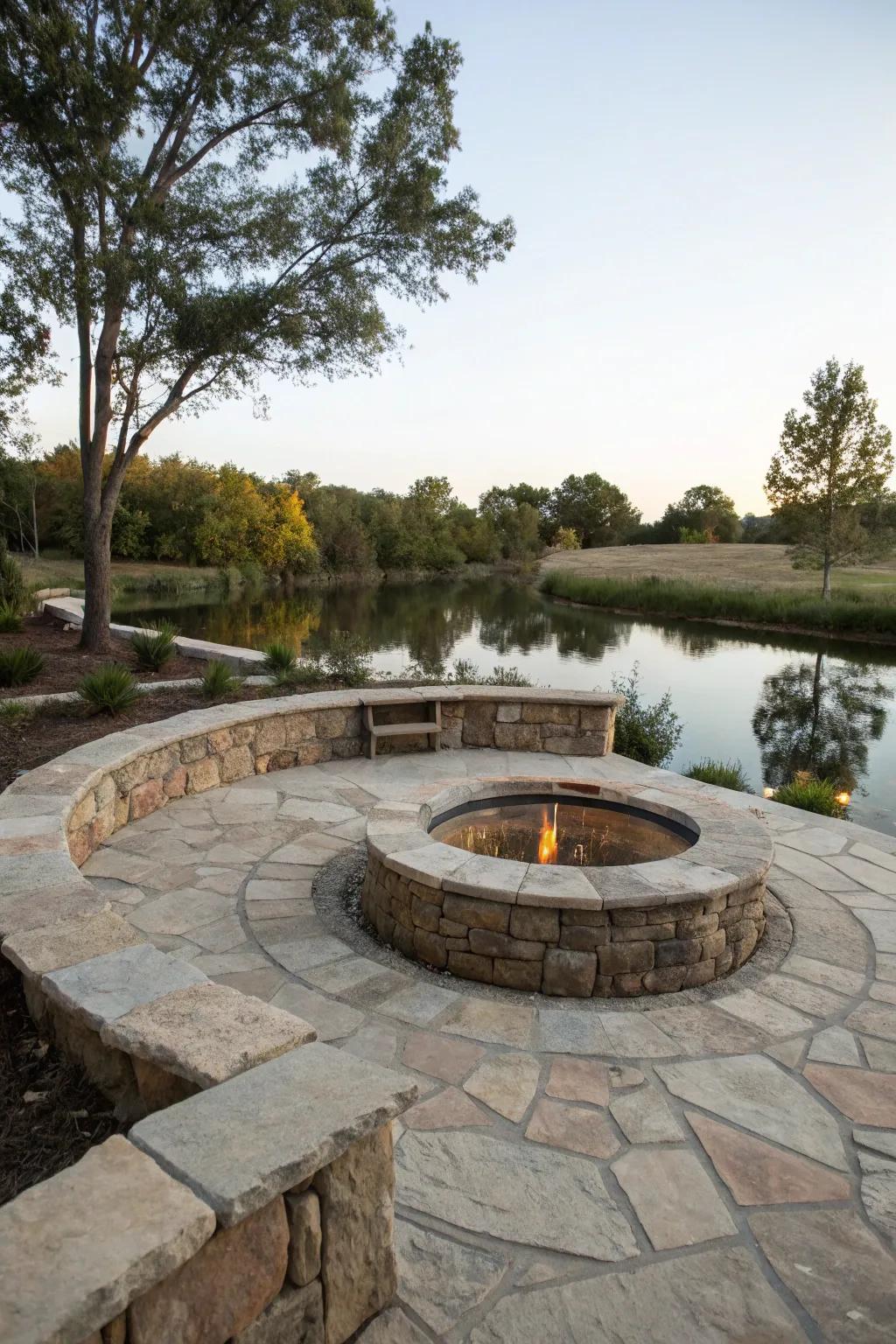 A fire pit by the pond establishes a warm social hub.