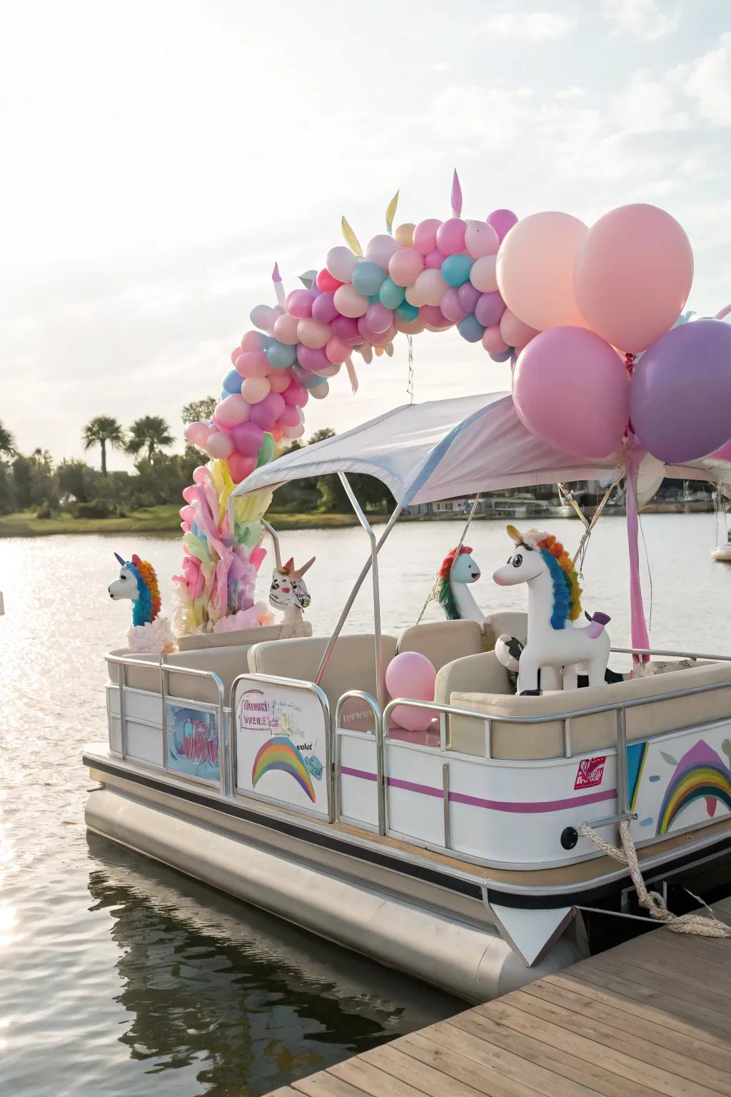 A pontoon boat designed as a dream, featuring magical horses with horns and rainbows.
