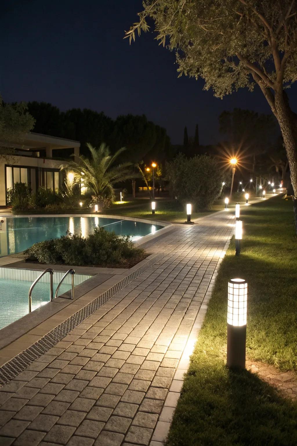 Pathway lights assure a secure and elegant passage throughout your pool's surroundings.
