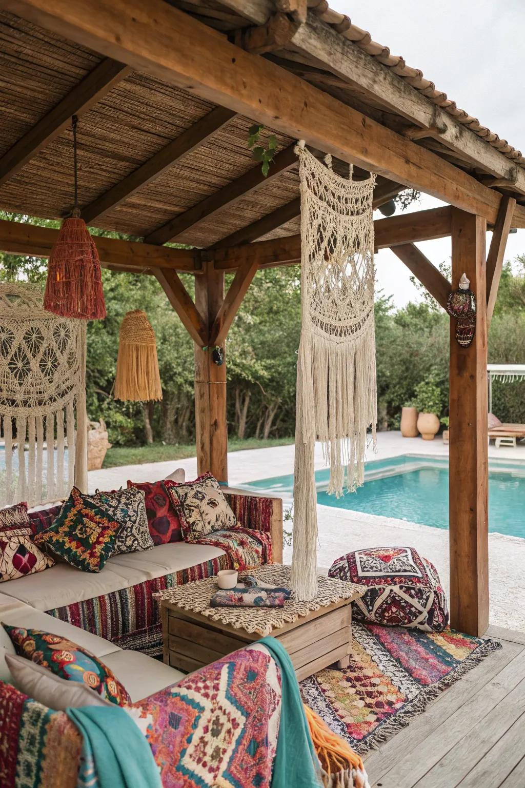 A free-spirit cabana with colorful fabrics and macramé features.