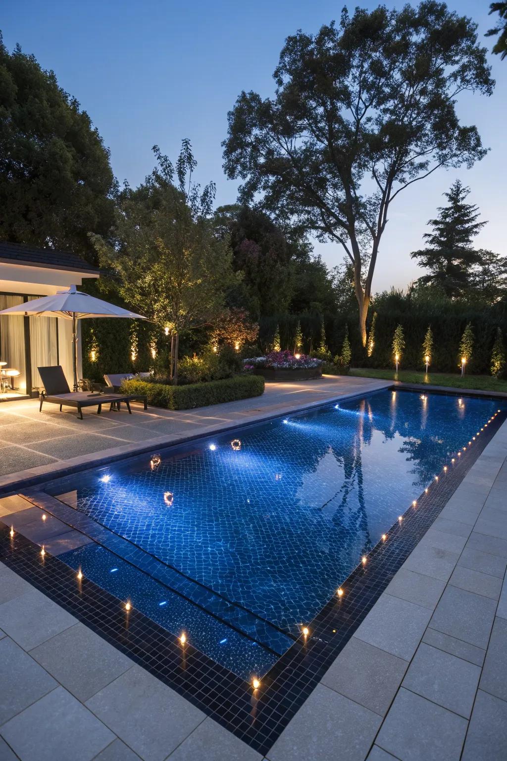 Ebony blue tiles craft a daring and dramatic pool statement.