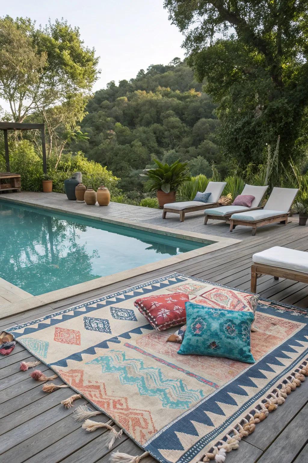 Inviting accents such as outdoor mats and pillows provide a cozy ambiance.