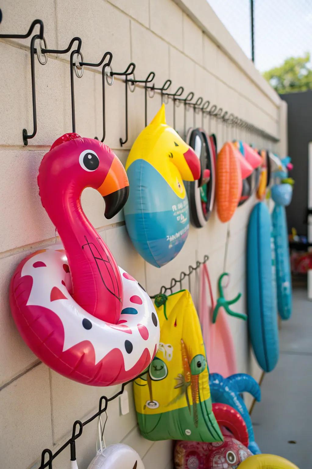 Suspension fixtures and hooks tender a simplified approach to managing pool floats.
