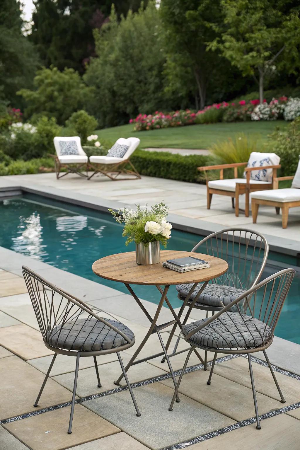 A mix of contemporary and traditional styles can enhance your poolside look.