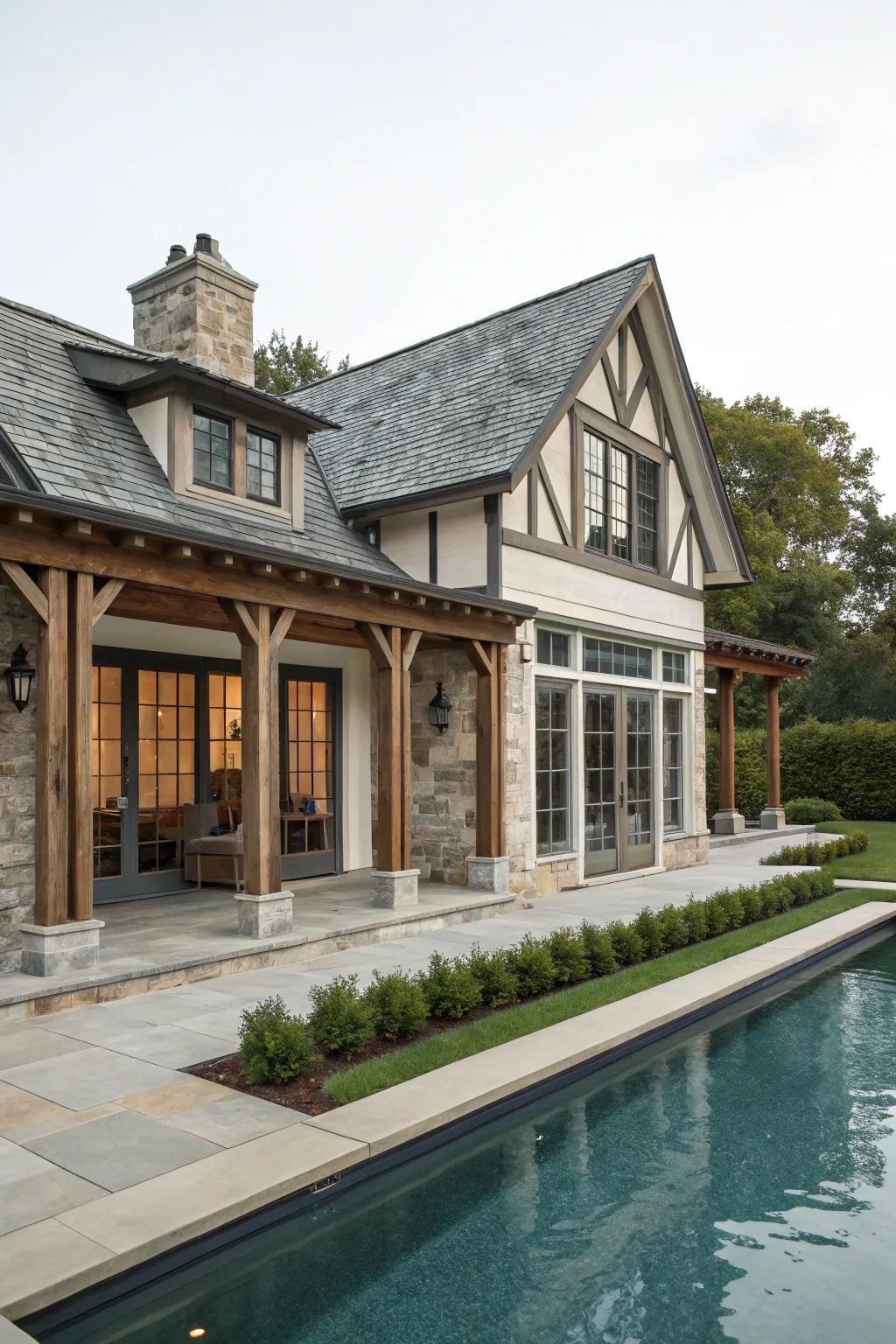 A pool house featuring many architectural styles.