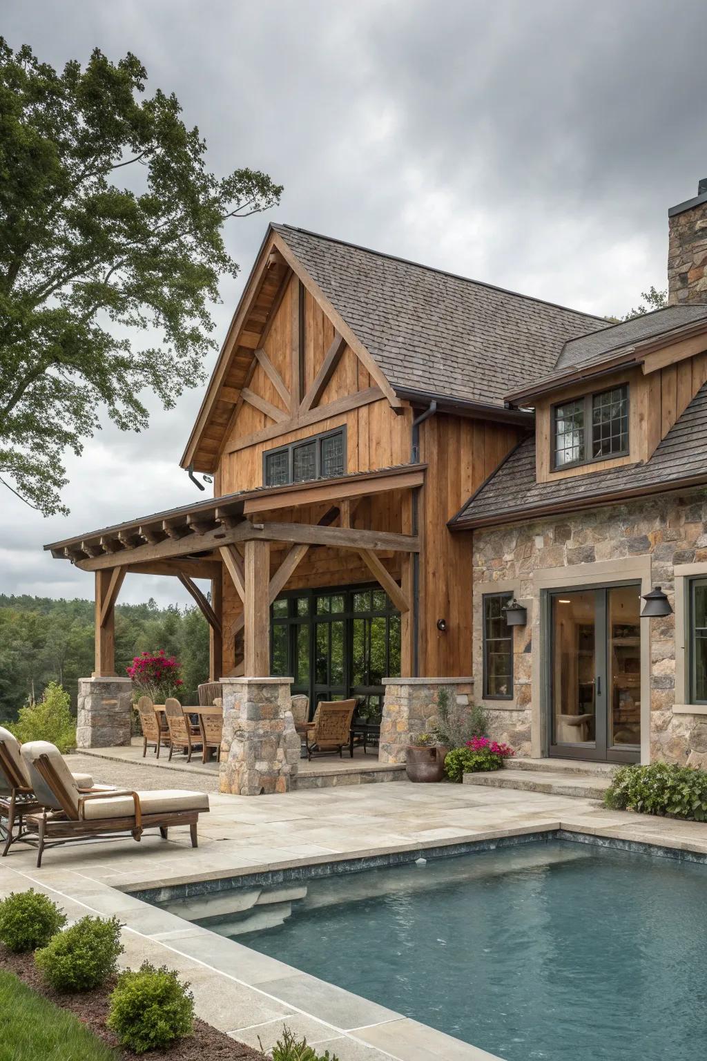 Embrace natural appeal with wood and stone highlights in your pool house