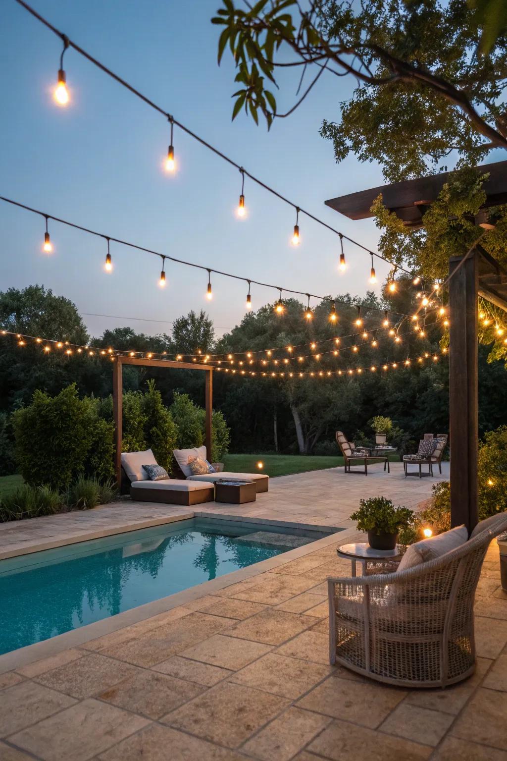 Turn your poolside into a magical haven using twinkling string lights.