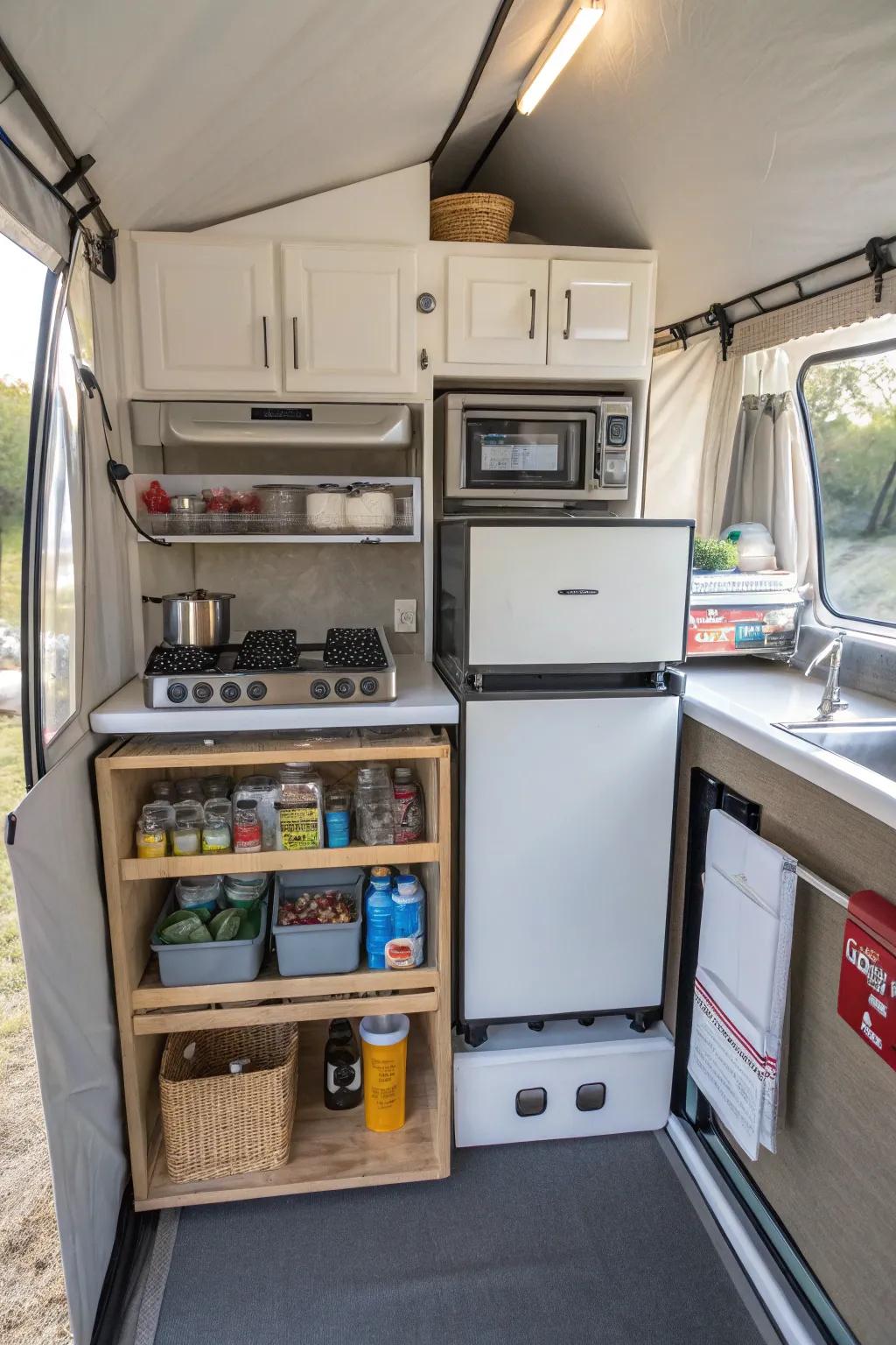 A well-organized kitchen arrangement simplifies cooking in your camper.