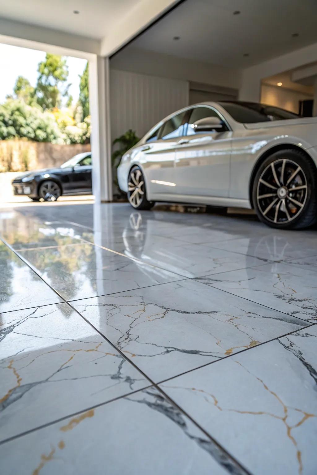Add a touch of luxury to your garage with porcelain tiles that look like marble.