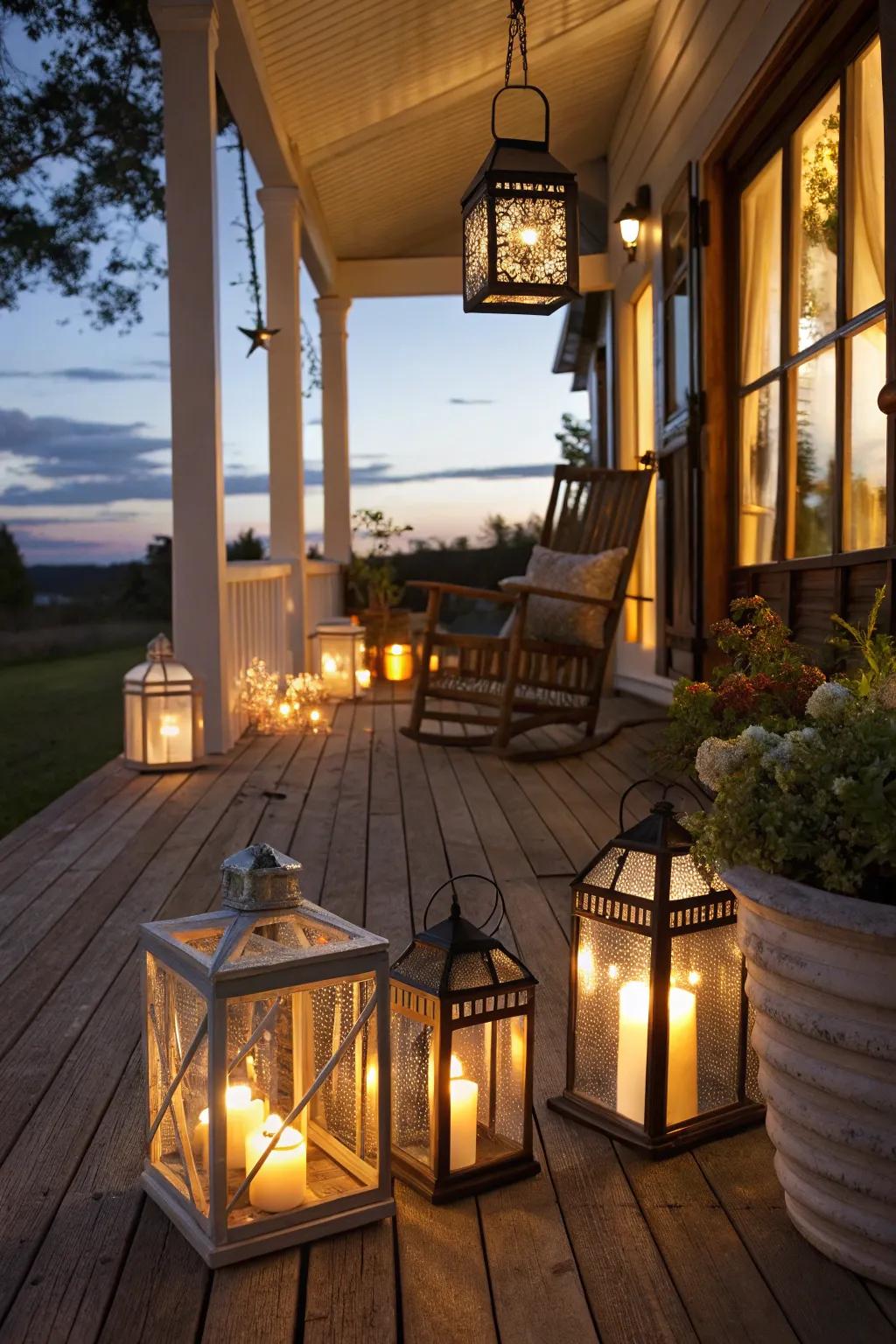 Whimsical gleaming beacons bestowing charm and warmth upon the porch.