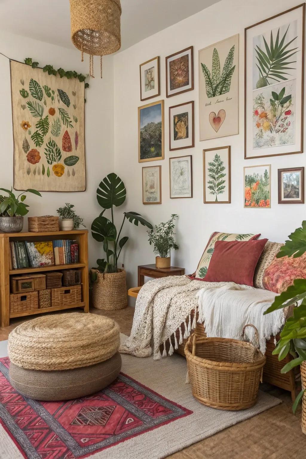 A bohemian-style room adorned with nature-centric posters.