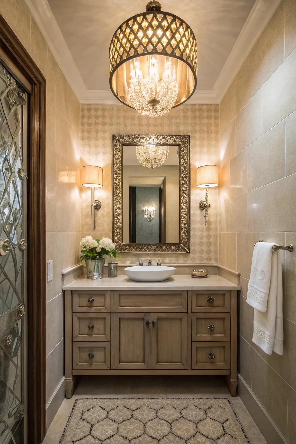 A powder room showcasing an exceptional ornamental light fitting.