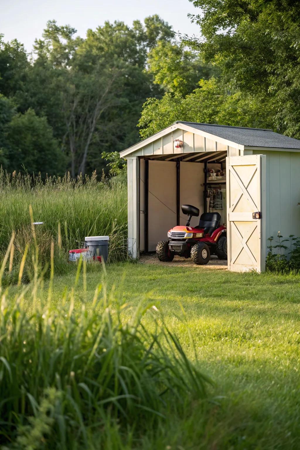 Outdoor storage shed protecting ride-on toys.