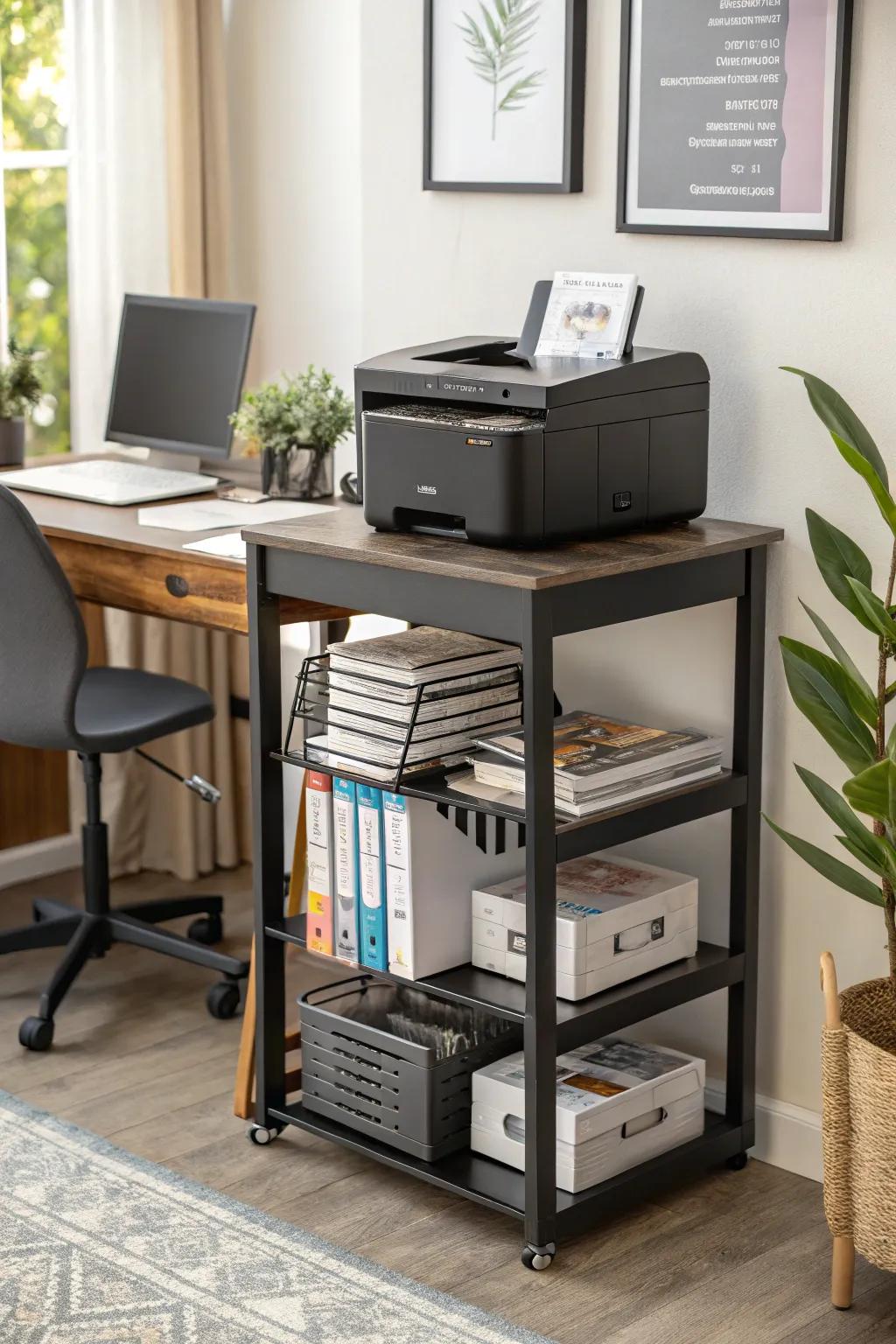 Printer stand featuring built-in storage to keep paper handy.