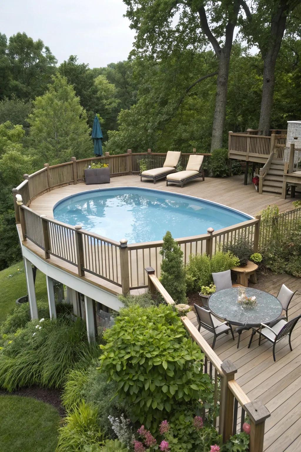 A lifted platform enhances privacy and accessibility for your pool.