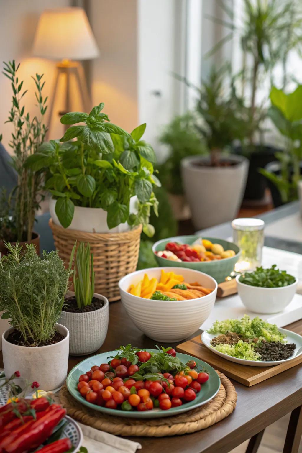 A table with food made from fresh garden goodies, along with potted plants and herbs.
