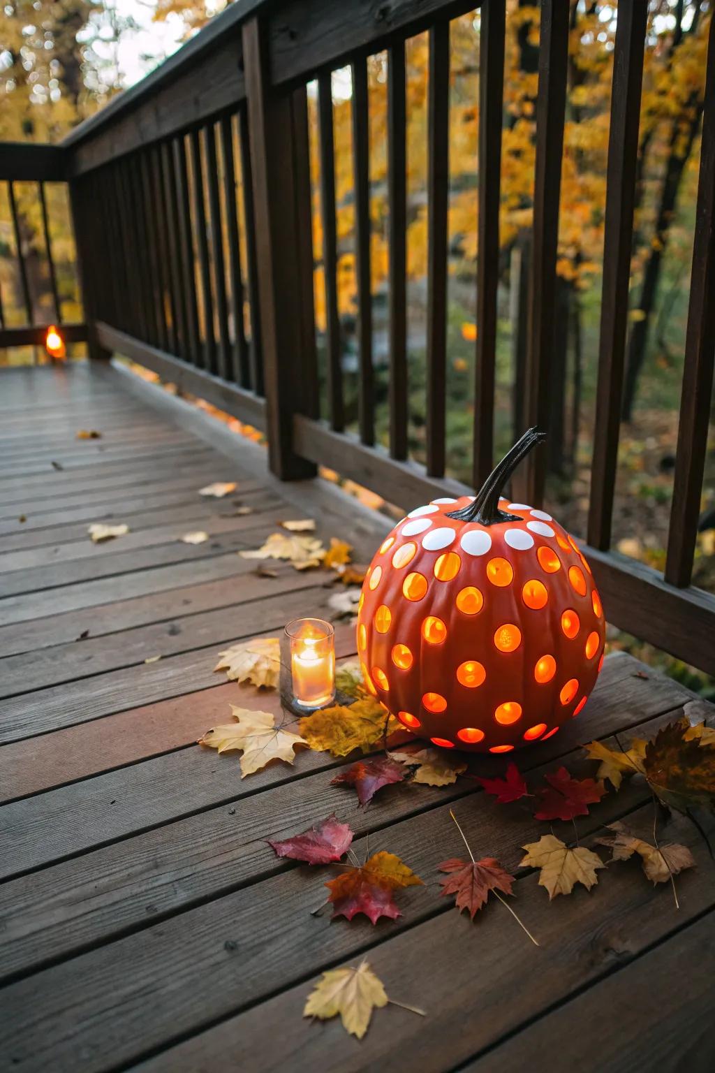 A playful spotted pumpkin radiating snugly on a fall evening.