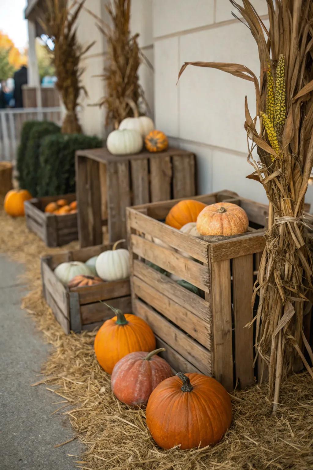 A rustic pumpkin display featuring wooden crates and natural elements.