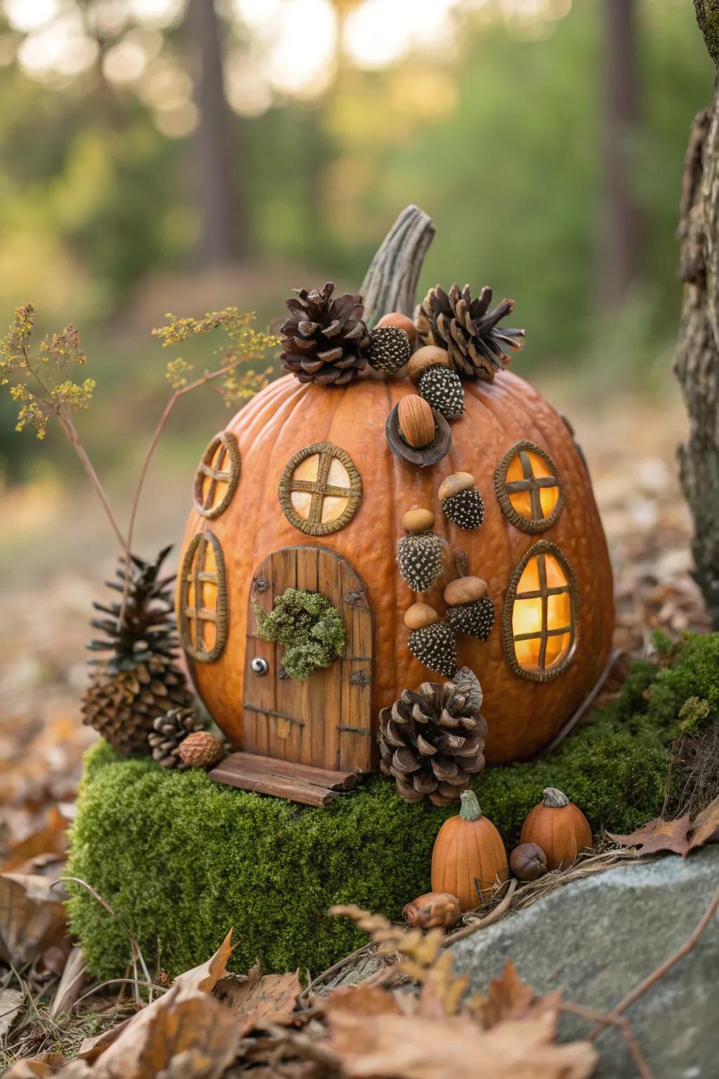 Uncover the enchantment of fall with this captivating pumpkin fairy dwelling adorned with nutlet and conifer cone highlights.