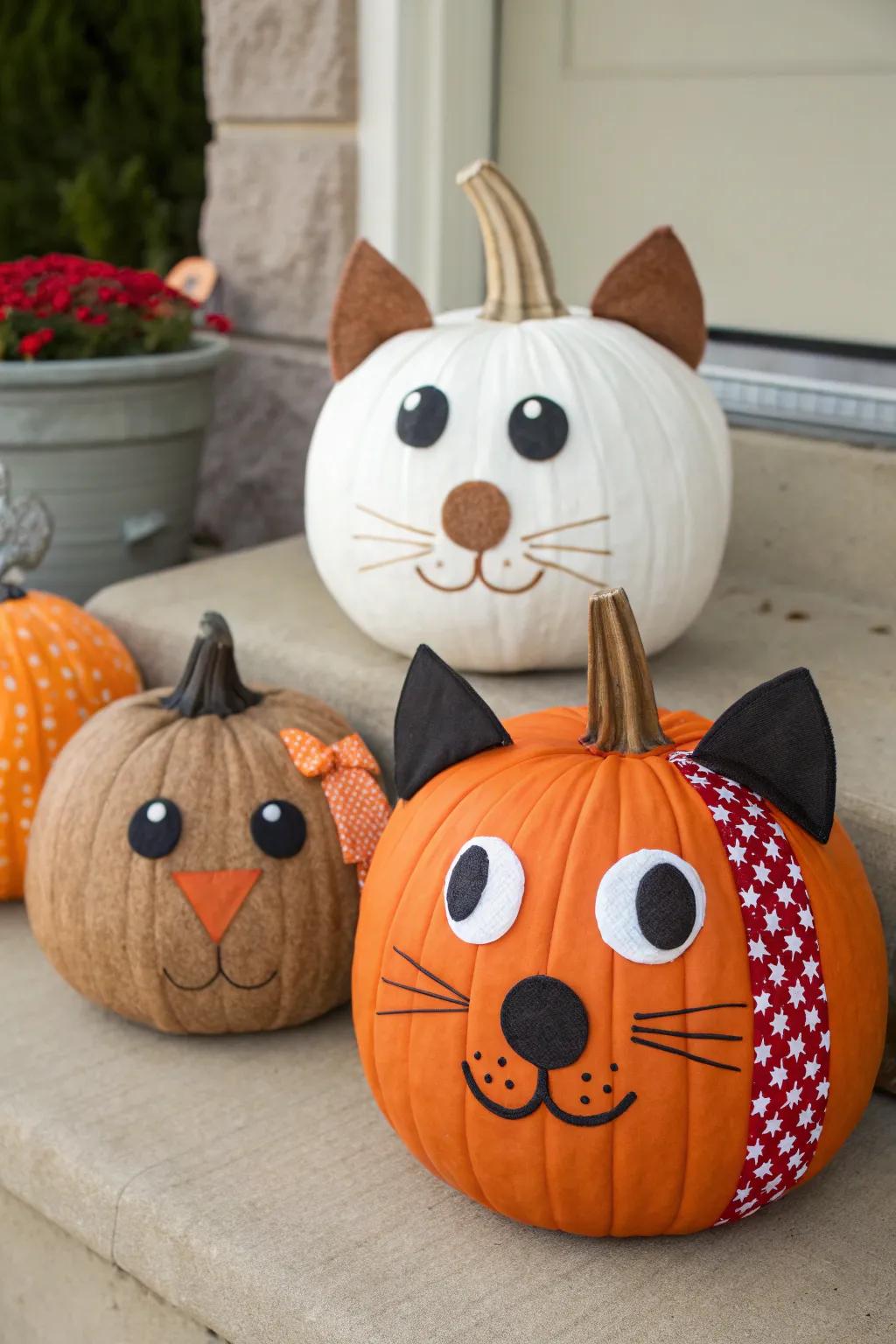 Animal-inspired pumpkin designs add a playful twist to your decor.