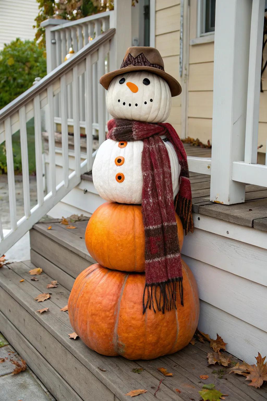 A spirited snowman fashioned from piled pumpkins.